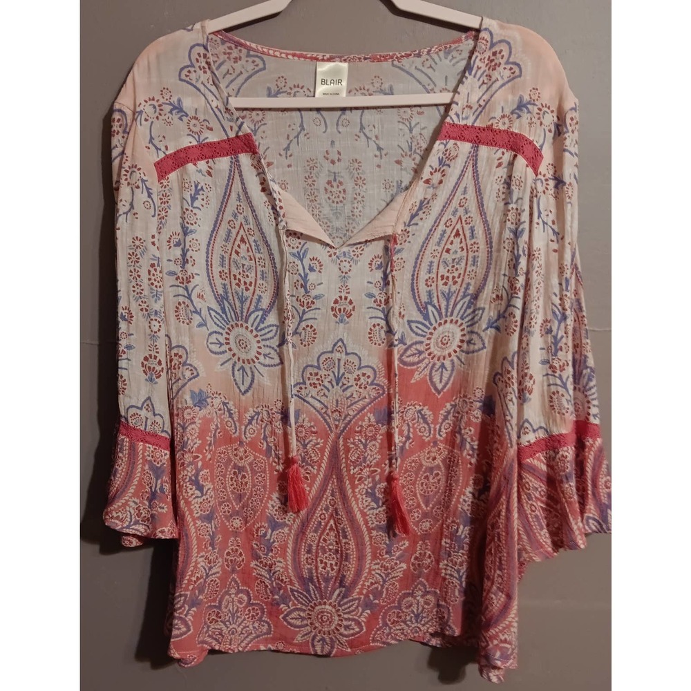 Blair Womens 2XL Pullover Shirt 3/4 Bell Sleeves Pink Floral Tree Branch Looking